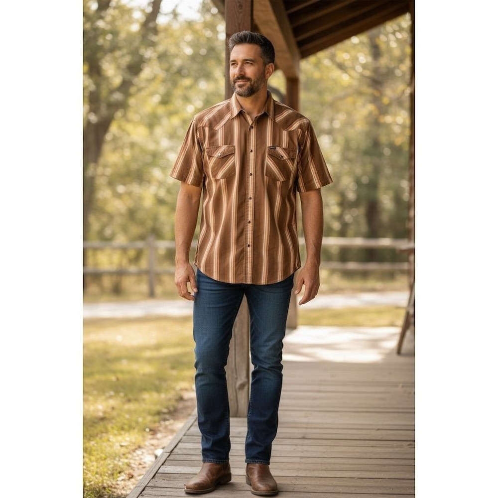 Bullhead Men's XL Brown Striped Pearl Snap‎ Shirt S/S Vtg variegated bushwhacker